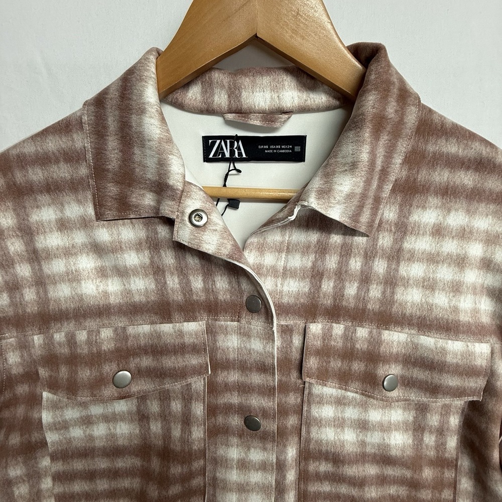 Zara Womens XS Plaid Shacket NWT Snap Front Shirt Jacket‎ Brown Cream - Picture 5 of 16